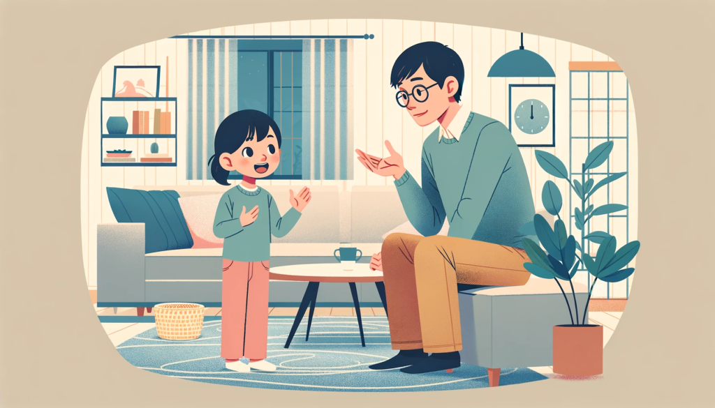 現代の日本家庭において、親が子供の話を真剣に聞いている様子