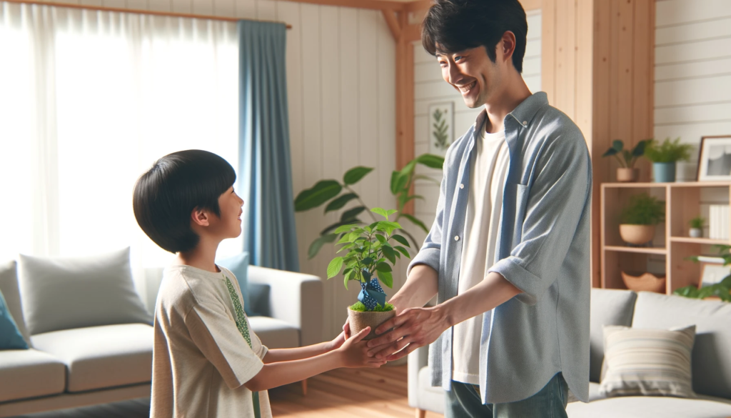 現代の家庭で、子どもが親に植物を贈り感謝の気持ちを表している様子
