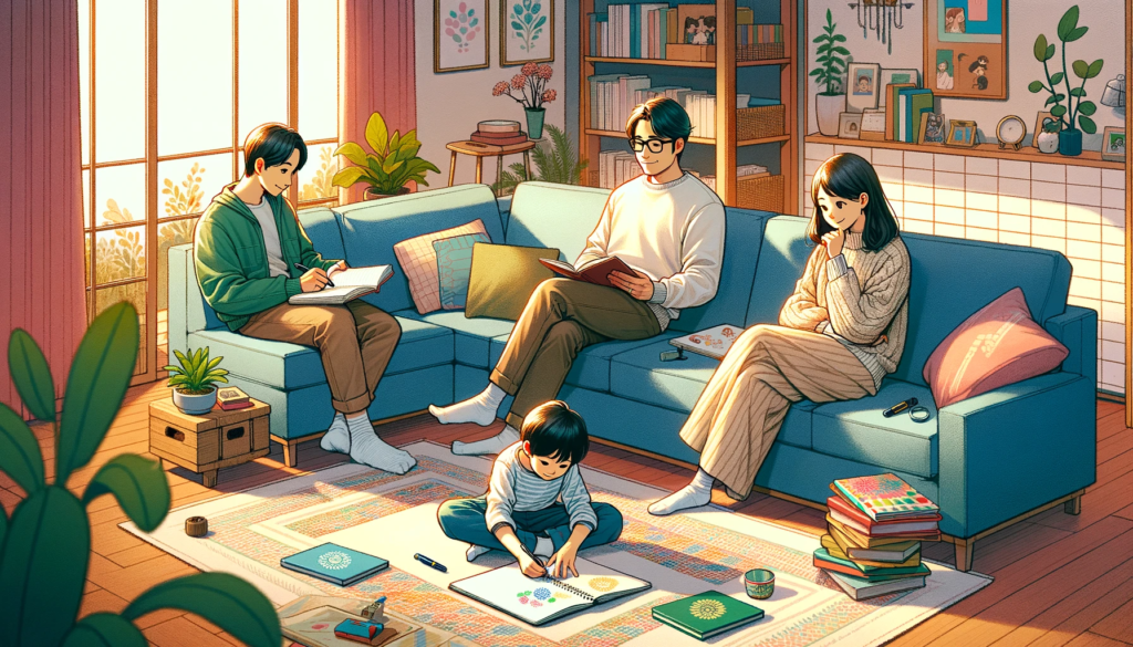 モダンな洋室で感謝日記を共有する日本の家族